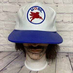 Vintage Mobil Oil Leather Hat Cap Strap Back White Blue Embroidered Pegasus Logo